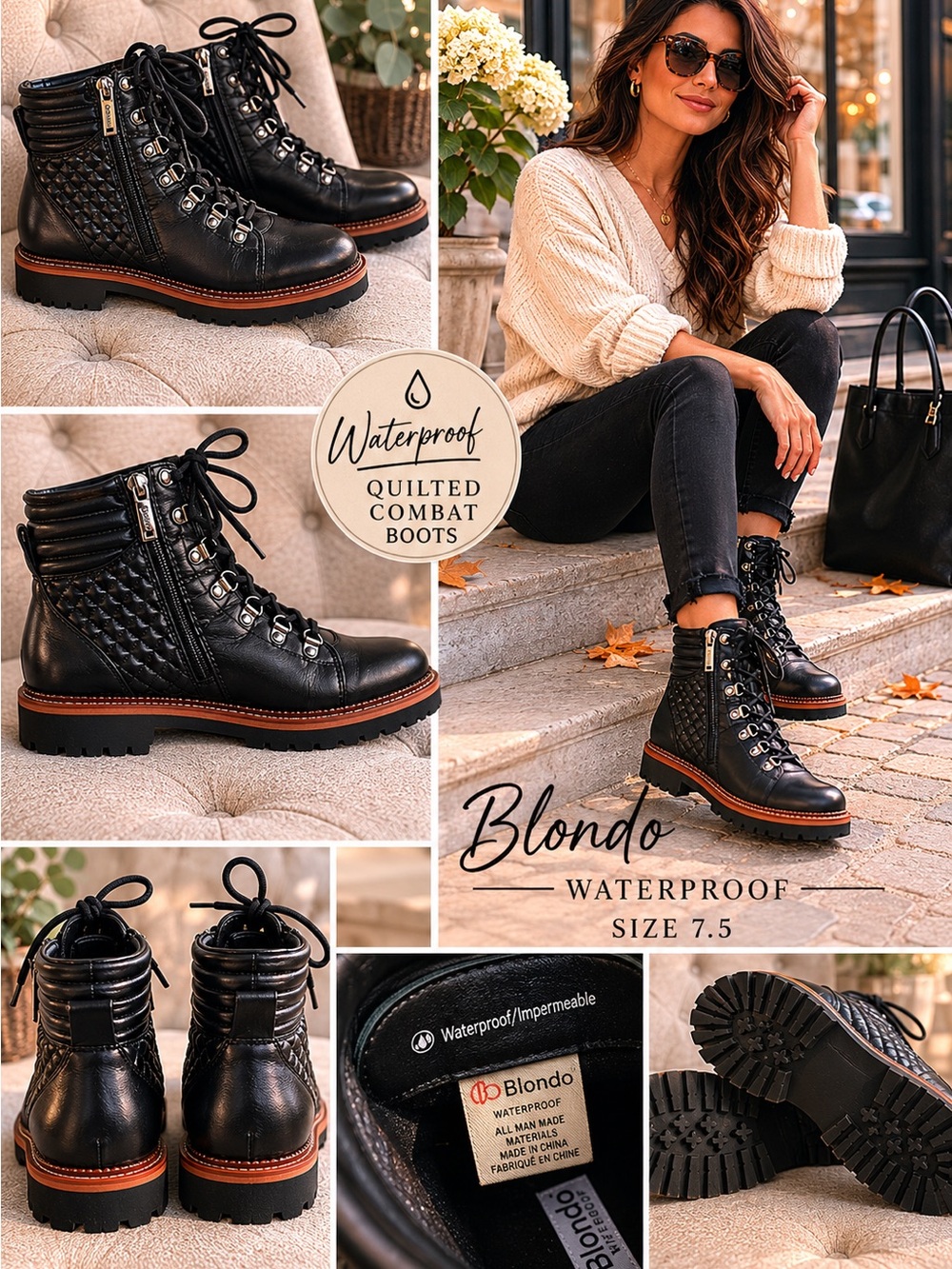 Blondo Black Waterproof Quilted Combat Boots Size 7.5